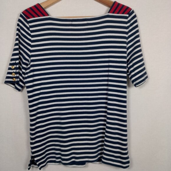 Lauren Ralph Lauren Shirt Women L Blue White Nautical Sailor Striped Gold Button - Picture 3 of 15